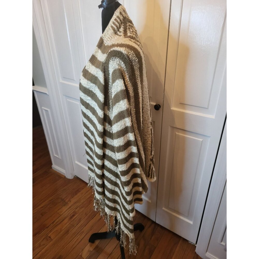 Olive/Ivory Stripe Sweater Cashmere/Cotton Blend Fringe S/M Boho Neutral n - Picture 6 of 8